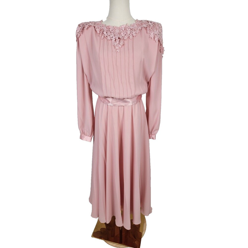 Vintage Ursula of Switzerland Pink Midi Dress 10 Satin Sash Modest Chiffon